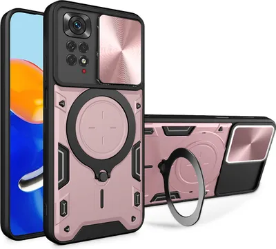 Produktbild von Handyhülle für Xiaomi Redmi Note 11 4G /Note 11s Dual-Layer Stoßfest Rüstung Hülle mit Dia Kameraschutz und Kreisförmig Ring Ständer Roségold
