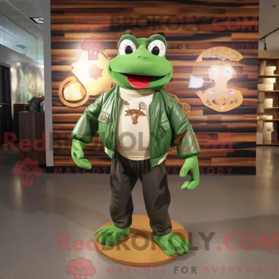 Produktbild von Waldgrüner REDBROKOLY Frosch-Maskottchen-Kostümcharakter mit Bomberjacke und Schuhclips