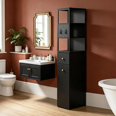 Produktbild von Badezimmer-Nischenschrank hoch, 40x20x140 cm, Schwarz, 3 offene Regalböden, Schublade auf Rollen, schmaler Seiten-/Hochschrank