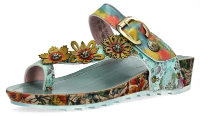 Produktbild von Laura Vita Damen Zehenring-Pantolette mit floralen Applikationen Brcyano 88, Größe:39 EU, Farbe:Blau