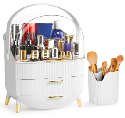 Produktbild von Make-up-Organizer und Aufbewahrungsbox + Halter für Make-up-Pinsel, Kosmetik-Displaybox mit transparentem Deckel, Aufbewahrungsbox, Pinselaufbewahrungsbox, Badezimmer-Organizer (weiß)