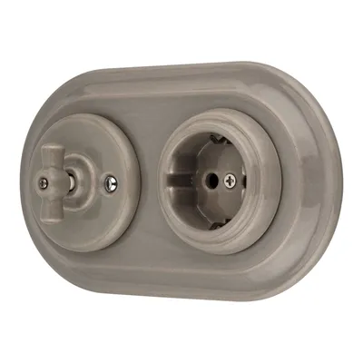 Produktbild von Unterputz Porzellan Retro Steckdose, Rotary Schalter, 2-fach, All-in-One, SET Serie PR1 graubeige
