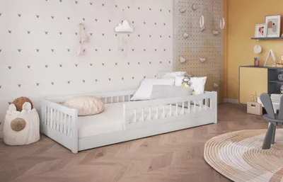 Produktbild von Kinderbett DORES aus Massivholz 90x200 cm– mit Lattenrost Matratze und Rausfallschutz – Weiß