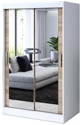 Zdjęcie produktu dla Szafa przesuwna Biały Mat i Dąb Sonoma - 120x200cm - Szafa KARL - z 2 lustrami - do sypialni i garderoby