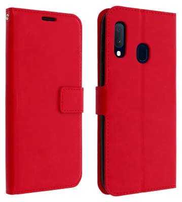 A red flip cover case for a smartphone is shown from the front and side.