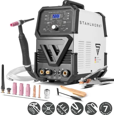 Immagine prodotto di Saldatrice ad arco schermato STAHLWERK AC/DC TIG 200 Puls Pro - Inverter combinato con 200 A, funzione MMA (MMA), funzione ad impulsi, memoria lavori, alluminio e lamiere sottili