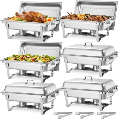 Immagine prodotto di Set di scaldavivande per buffet rettangolare - Set di 6 pezzi - Capacità di 8,5 litri per contenitore - Acciaio inox - Con coperchio e portacombustibile - Incl. 3 pinze - Argento