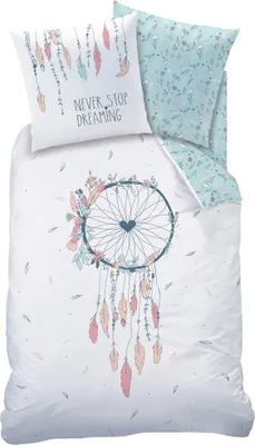 Produktbild von Traumfänger Bettwäsche Set 80x80 + 135x200 · Bohemian Style, Dreamcatcher, Federn & Blumen · Renforce Bettwäsche für Mädchen / Frauen · 100% Baumwolle