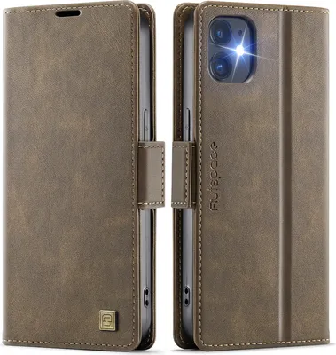 Produktbild von Lederhülle für iPhone 12/iPhone 12 Pro, RFID Schutz Handyhülle mit Magnetverschluss, Kartenfächern und Ständer Braun