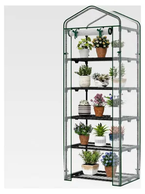 Produktbild von Gewächshaus mit 5 Ablagen, kleines Foliengewächshaus mit Rolltor und Eisennetzen, Mini-Treibhaus aus Stahl und PVC, winterfestes Tomatengewächshaus für den Garten (Transparent, 69x48x190cm)