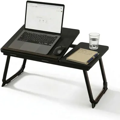 Productafbeelding van Opvouwbare laptoptafel voor bed en bank - In hoogte verstelbaar - Houtlook - Metaal - Zwart - 23.5x56x33 cm