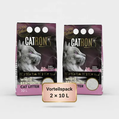 Produktbild von Vorteilspack 2×10 L CATRON klumpende Katzenstreu Baby Powder – hochwertige Bentonit-Streu mit Babypuder-Duft, starke Klumpenbildung, hohe Saugkraft & staubarme Formel