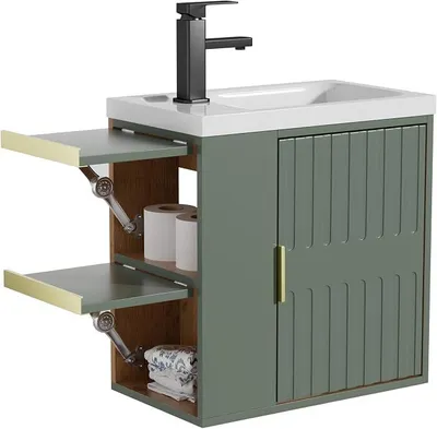 Produktbild von Waschtisch kleine mit Unterschrank hängend 50,5 cm Grün | Waschbecken mit Wasserhahn, Waschtischunterschrank, Waschplatz ausreichend Stauraum,Badmöbel Set für Badezimmer Gäste-WC