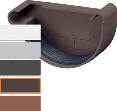 A product shot of a gutter end cap with color swatches.