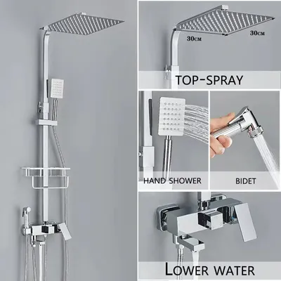 Obrázek produktu pro Sprchový systém do koupelny – nástěnná sprchová baterie s mícháním – čtyřcestný přepínač – sprchová hlavice "déšť" o průměru 30 cm – ruční sprcha a výstup pro vanu – černá/chromovaná barva