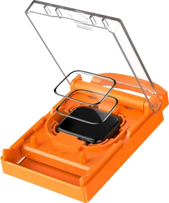 An orange installation jig with a black screen protector and a clear lid.