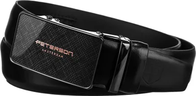 A black leather belt with a metallic buckle.