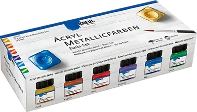 Produktbild von KREUL 77600 - Acryl Metallicfarben im Set, 6 x 20 ml Farbe und ein Pinsel, glamouröse Acrylfarbe mit Metalliceffekt auf Wasserbasis, cremig deckend, schnelltrocknend und wasserfest