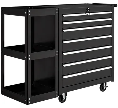 Produktbild von Werkstattwagen Werkzeugwagen mit 7 Schubladen abnehmbar Seitenregal 4 Rollen mit Feststellbremse, 96x33,5x75cm, Schwarz
