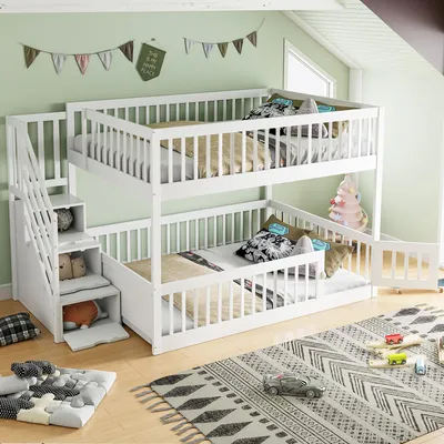 A white bunk bed with stairs and storage is set up in a child's room with light green walls and decorative flags.