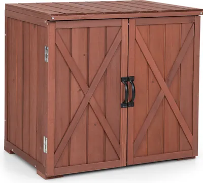 A wooden garden storage cabinet with double doors and handles, presented against a white background.