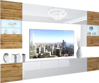 Produktbild von BELINI Wohnwand Vollausstattung Wohnzimmer-Set Moderne Schrankwand mit LED-Beleuchtung Weiß Glänzend Anbauwand TV-Schrank Eiche Wotan / Weiß Glänzend/Matt