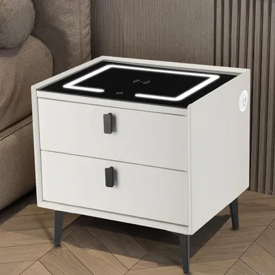Produktbild von Weiß Smart Nachttisch mit kabellosem Laden, LED-Licht, 2 Schubladen