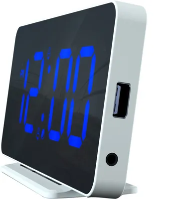 A digital alarm clock with a blue display and USB port.