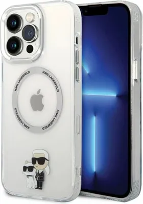 A clear, well-lit product shot of an iPhone 13 Pro Max with a transparent Karl Lagerfeld case featuring the iconic Karl and Choupette design.