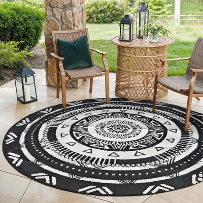 Produktbild von EVOCAMP Outdoor Teppich Ø 240 cm rund, Kunststoffteppich, wetterfest für Terrasse, schwarz-weiß