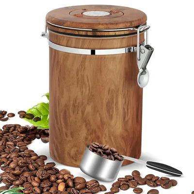 Produktbild von Versiegelter Vorratsbehälter für Kaffeebohnen, Edelstahl 304, mit Löffel, 1800 ml, Holzmaserung