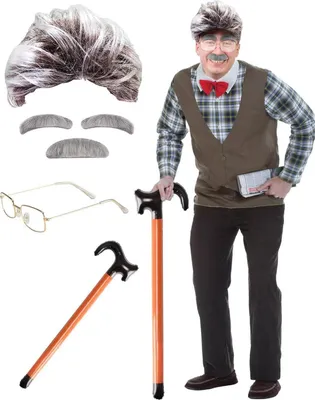 Produktbild von Opa Kostüm Alter Mann mit Perücke Schnauzbart Brille Aufblasbarer Spazierstock
