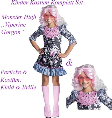 A collage of images showing a child wearing a Monster High Viperine Gorgon costume, including a dress, wig, and glasses. A second image shows a close-up of the costume's top and the child's face with the wig and glasses.