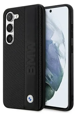 A black BMW branded phone case is shown on a white background, with a smartphone partially inserted.