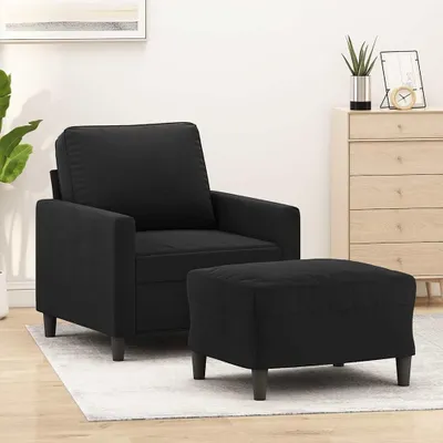 Produktbild von Schwarzer Samtsessel mit Hocker, 60 cm, robustem Metallgestell und Polsterung für Wohnzimmer und Büro