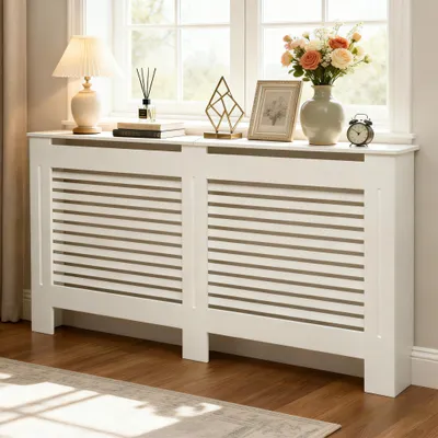 Image de FATIVO Habillage de radiateur 172 x 19 x 92 cm - Habillage de radiateur haut, blanc, en MDF épais, à lamelles horizontales