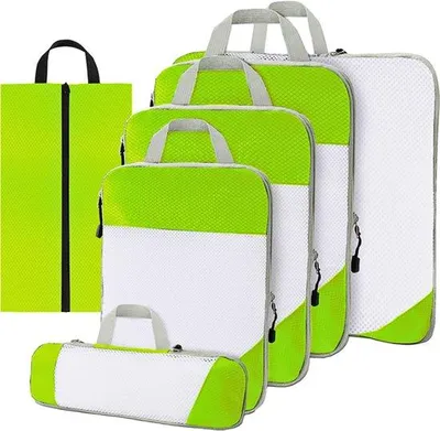 Produktbild von Kompressions-Packwürfel Set 6-teilig – packing cubes mit Kompression für Koffer und Rucksack – Grün – Thousandtravelmiles