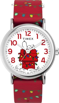 Produktbild von Timex Peanuts Damen-Armbanduhr, 38 mm, rotes Stoff-Durchzugsarmband, weißes Ziff