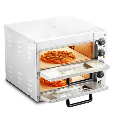 A commercial pizza oven with two racks, each containing a pizza.