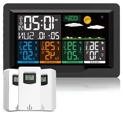 Zdjęcie produktu dla Bezprzewodowa stacja pogodowa – monitor pogody – pomiar temperatury wewnątrz i na zewnątrz – z 3 czujnikami – zasięg 60 metrów – kolor czarny