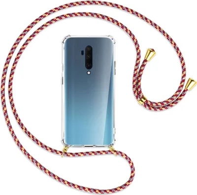 Produktbild von Handykette Backcover-Schutzhülle mit Band (Metall goldfarben) für OnePlus 7T Pro - weinrot/gelb/grau