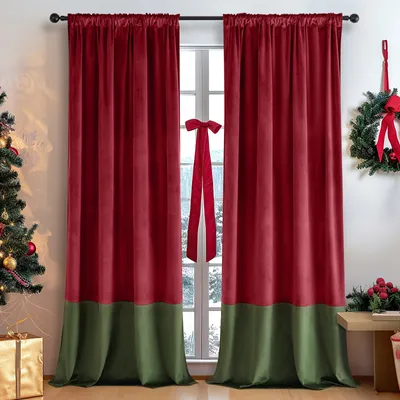 Produktbild von 2er Set Samt Vorhang Blickdicht Elegant Samtvorhänge Verdunkelung Thermovorhang Gardinen für Wohnzimmer Schlafzimmer Hotel, B132xH274cm, Rot & Grün