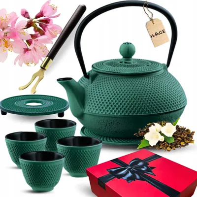 Imagen del producto de Juego de tetera de hierro fundido de 1,4 litros, color verde, con sopapa y 4 tazas