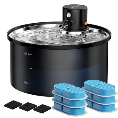 Obrázek produktu pro Fontánka pro kočky, bezdrátová, s senzorem, objem 3,2 litru, nerezová ocel, s pohybovým senzorem, 6 uhlíkových filtrů, 3 houbičky