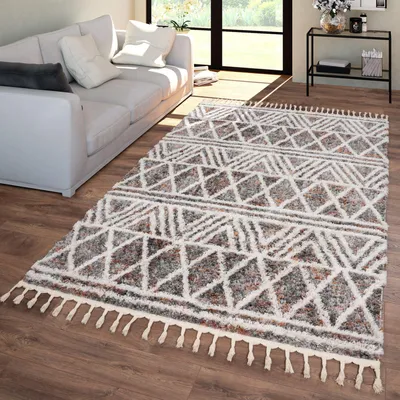 Produktbild von TT Home Wohnzimmer Schlafzimmer Teppich Hochflor Fransen Geometrisches Skandi Design Modern Größe 120x160 cm