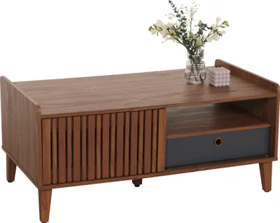Zdjęcie produktu dla Stolik kawowy HWC-M48, stolik do salonu, stolik pod sofę, 52x114x59cm ~ orzechowy wygląd, ciemnoszara szuflada