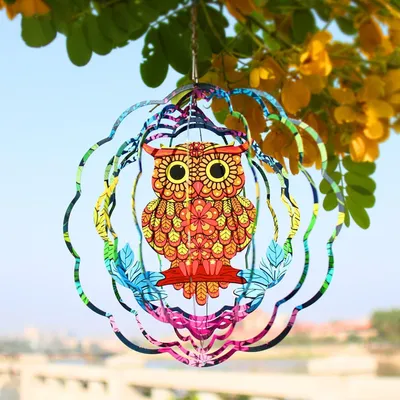 Produktbild von 3D Windspiel Eule 30cm Edelstahl Gelb Hängender Windspinner Metallkunst Garten Deko