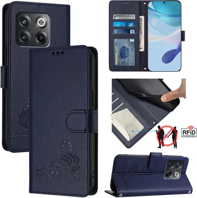 Produktbild von Leder Hülle für OnePlus Ace Pro/OnePlus 10T Süße Katze Flip Case Brieftasche Schutzhülle mit Standfunktion Blau