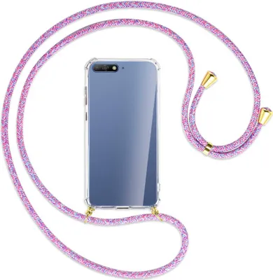 Produktbild von Handykette Backcover-Schutzhülle mit Band (Metall goldfarben) für Huawei Y6 2018 - lila/rosa/blau