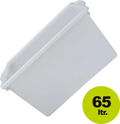 A white plastic container, possibly a bin or tub, is shown against a white background. A green circular overlay in the bottom right corner displays the text '65 ltr.'.